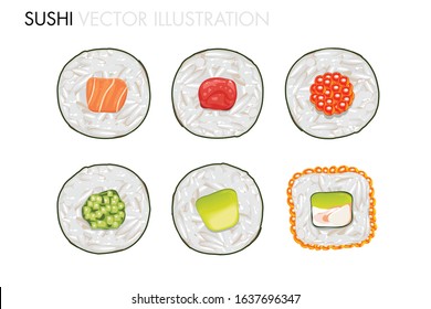 Sushi rolls, Vector Illustration, California roll, Tuna maki, Avocado roll, Salmon maki, ikura maki, square Philadelphia ikura roll . Isolated on transparent background