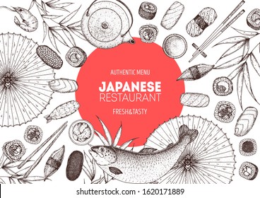 Sushi and rolls vector illustration. Hand drawn sketch. Japanese food menu design. Vintage vector elements for japanese cuisine menu. Retro style design. Food and drink collection.