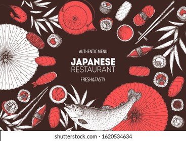 Sushi and rolls vector illustration. Hand drawn sketch. Japanese food menu design. Vintage vector elements for japanese cuisine menu. Retro style design. Food and drink collection