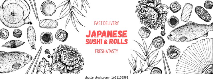 Sushi and rolls vector illustration. Hand drawn sketch. Japanese food menu design. Vintage vector elements for japanese cuisine menu. Retro style design. Food and drink collection. Sushi sketch.