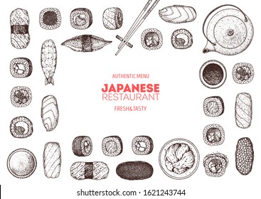 Sushi and rolls vector illustration. Hand drawn sketch. Japanese food menu design. Vintage vector elements for japanese cuisine menu. Retro style design. Food and drink collection. Sushi sketch.