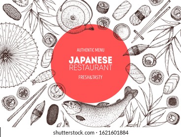 Sushi and rolls vector illustration. Hand drawn sketch. Japanese food menu design. Vintage vector elements for japanese cuisine menu. Retro style design. Food and drink collection.