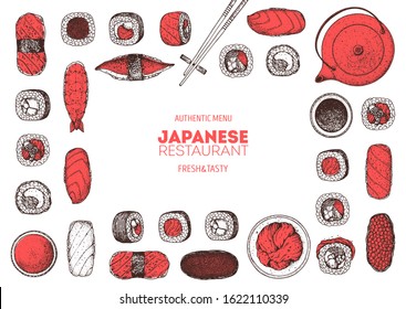 Sushi and rolls vector illustration. Hand drawn sketch. Japanese food menu design. Vintage vector elements for japanese cuisine menu. Retro style design. Food and drink collection. Sushi sketch.