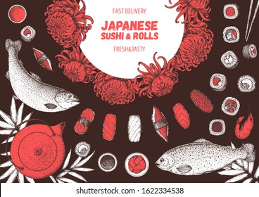 Sushi and rolls vector illustration. Hand drawn sketch. Japanese food menu design. Vintage vector elements for japanese cuisine menu. Retro style design. Food and drink collection.