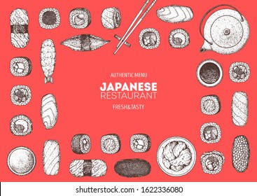 Sushi and rolls vector illustration. Hand drawn sketch. Japanese food menu design. Vintage vector elements for japanese cuisine menu. Retro style design. Food and drink collection. Sushi sketch.