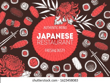 Sushi and rolls vector illustration. Hand drawn sketch. Japanese food menu design. Vintage vector elements for japanese cuisine menu. Retro style design. Food and drink collection. Sushi sketch.