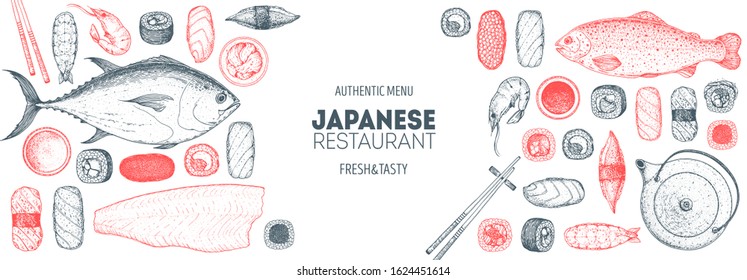 Sushi and rolls vector illustration. Hand drawn sketch. Japanese food menu design. Vintage vector elements for japanese cuisine menu. Retro style design. Food and drink collection. Sushi sketch.
