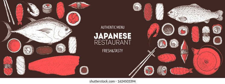 Sushi and rolls vector illustration. Hand drawn sketch. Japanese food menu design. Vintage vector elements for japanese cuisine menu. Retro style design. Food and drink collection. Sushi sketch.