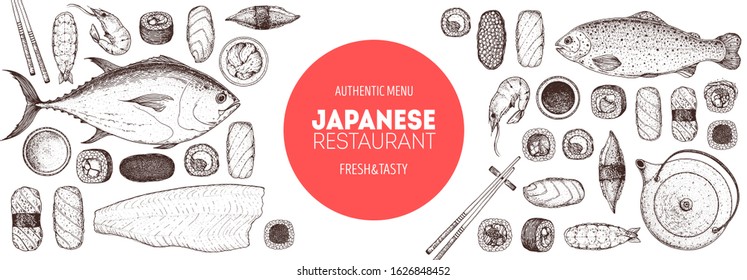 Sushi and rolls vector illustration. Hand drawn sketch. Japanese food menu design. Vintage vector elements for japanese cuisine menu. Retro style design. Food and drink collection. Sushi sketch.