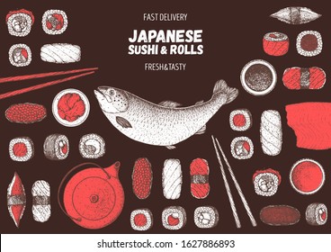 Sushi and rolls vector illustration. Hand drawn sketch. Japanese food menu design. Vintage vector elements for japanese cuisine menu. Retro style design. Food and drink collection. Sushi sketch.