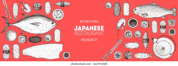 Sushi and rolls vector illustration. Hand drawn sketch. Japanese food menu design. Vintage vector elements for japanese cuisine menu. Retro style design. Food and drink collection. Sushi sketch.