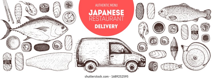 Sushi and rolls vector illustration. Hand drawn sketch. Delivery truck hand drawn. Japanese food menu design. Vintage vector elements for japanese cuisine menu. Food and drink collection. Sushi sketch