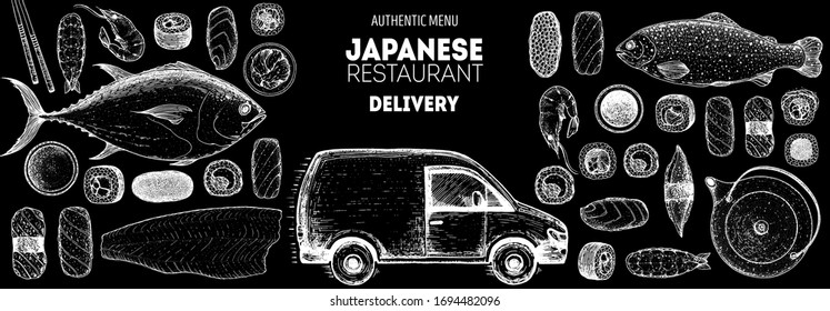 Sushi and rolls vector illustration. Hand drawn sketch. Delivery truck hand drawn. Japanese food menu design. Vintage vector elements for japanese cuisine menu. Food and drink collection. Sushi sketch