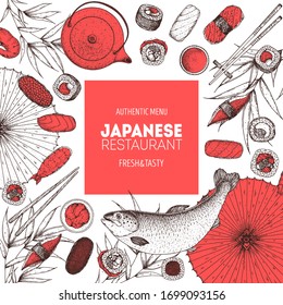 Sushi and rolls vector illustration. Hand drawn sketch. Japanese food menu design. Vintage vector elements for japanese cuisine menu. Retro style design. Food and drink collection. Sushi sketch.