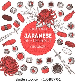 Ilustración vectorial de suhi y rollos. Dibujo hecho a mano. Diseño de menús de comida japonesa. Elementos vectoriales vintage para el menú de cocina japonesa. Diseño de estilo retro. Colección de comida y bebida. Dibujo de Sushi.