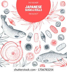 Ilustración vectorial de suhi y rollos. Dibujo hecho a mano. Diseño de menús de comida japonesa. Elementos vectoriales vintage para el menú de cocina japonesa. Diseño de estilo retro. Colección de comida y bebida. Dibujo de Sushi.