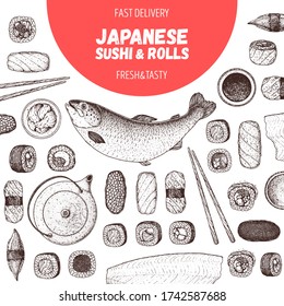 Ilustración vectorial de sushi y bobina. Esbozo dibujado a mano. Diseño de menús de comida japonesa. Elementos vectoriales vintage para el menú de cocina japonesa. Diseño de estilo retro. Recogida de alimentos y bebidas. Esbozo de sushi.