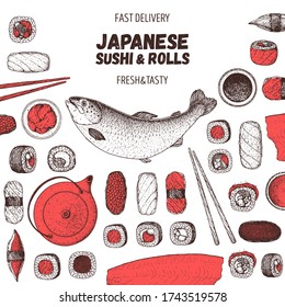 Ilustración vectorial de sushi y bobina. Esbozo dibujado a mano. Diseño de menús de comida japonesa. Elementos vectoriales vintage para el menú de cocina japonesa. Diseño de estilo retro. Recogida de alimentos y bebidas. Esbozo de sushi.