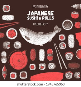 Ilustración vectorial de sushi y bobina. Esbozo dibujado a mano. Diseño de menús de comida japonesa. Elementos vectoriales vintage para el menú de cocina japonesa. Diseño de estilo retro. Recogida de alimentos y bebidas. Esbozo de sushi.