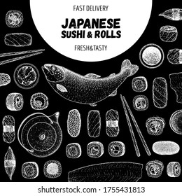 Sushi and rolls vector illustration. Hand drawn sketch. Japanese food menu design. Vintage vector elements for japanese cuisine menu. Retro style design. Food and drink collection. Sushi sketch