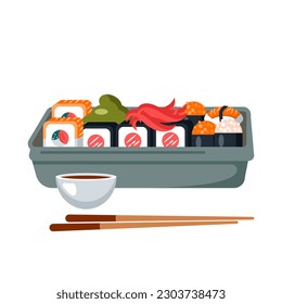 Sushi and rolls. Vector illustration of Japanese cuisine. Cartoon insulated food plate with rolls, soy sauce, wasabi and ginger