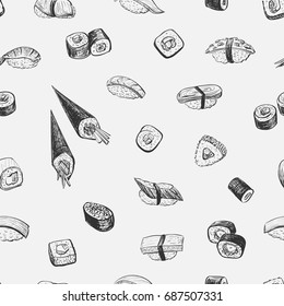 Sushi and rolls vector seamless pattern on a white background