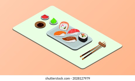 Sushi and rolls with wasabi, ginger and chopsticks. Oriental cuisine concept. Isometric vector illustration.