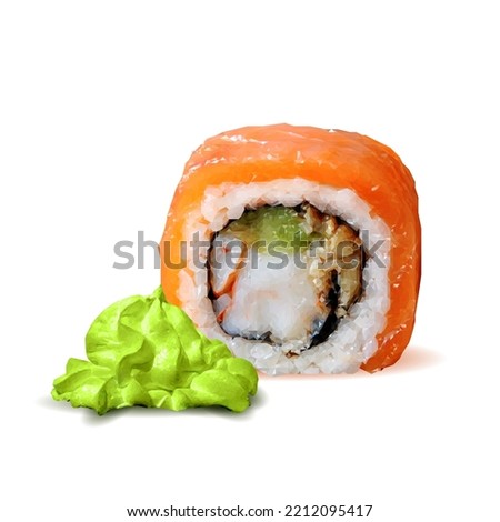 Sushi rolls with wasabi low poly. Hot, nutritious, delicious wasabi paste. Vector illustration. Appetizer with fish in triangulation technique.