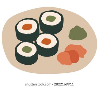 Sushi rolls with wasabi and pickled ginger in green, orange and beige colors, drawn in a minimalist flat illustration style.