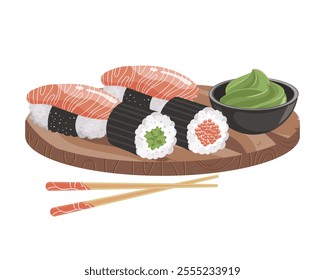 Sushi and rolls with wasabi sauce on a wooden tray. Asian cuisine. Illustration