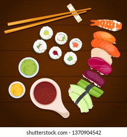 Sushi rolls, wasabi and soy sauce and chopsticks ona  wooden background. Vector Illustration