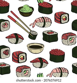 Sushi rolls,sea, asian food, coloring, vector seamless pattern isolated on bright background. Concept for menu, cards, print 