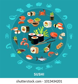 Sushi round composition with flat icon set combined in big circle colored and isolated vector illustration