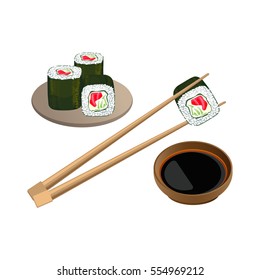 Sushi with salmon in chopsticks above bowl with soy sauce isolated on white background. Traditional japanese food. Realistic vector of cooked vinegared rice combined with seafood and vegetables