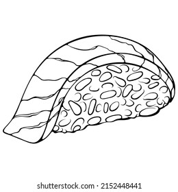 Sushi con salmón. Cierra el sushi de Nigiri. Ilustraciones vectoriales en forma de dibujo a mano estilo doodle. Cocina japonesa de arte lineal aislada en blanco. Elemento para colorear libro, diseño, impresión.