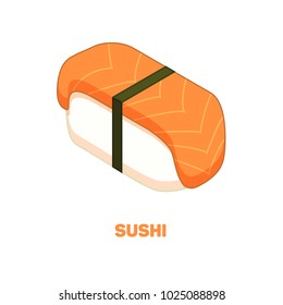 Sushi with salmon color isometric style icon with outline, fastfood concept illustration, vector eps10