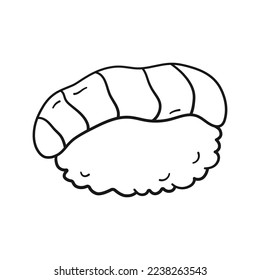 Sushi con salmón en forma de doodle. Ilustración vectorial alimento asiático en estilo de dibujo lineal aislado en fondo blanco
