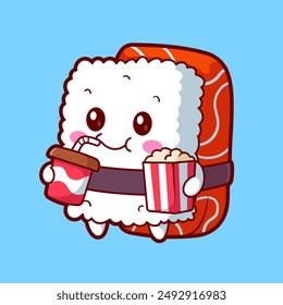 Sushi Salmon Holding Popcorn And Soda Cartoon Vector Icon Illustration. Food Drink Icon Concept Isolated Premium Vector. Flat Cartoon Style