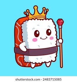 Sushi Salmon King With Crown Cartoon Vector Icon Illustration. Food Holiday Icon Concept Isolated Premium Vector. Flat Cartoon Style