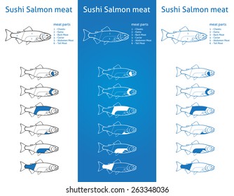 Sushi Salmon Meat Cuts Diagram In Three Blue Versions