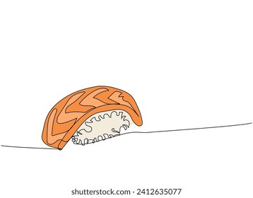 Sushi, salmon nigiri, Aburi nigiri one line art. Continuous line drawing of sushi, japanese, food, roll, culture, tasty, restaurant, japan, asian, sea, menu