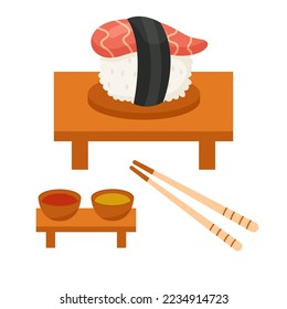 Sushi with salmon and nori, sauce and chopsticks.Traditional japanese or asian cuisine and food.