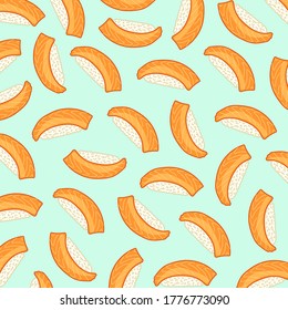 Sushi with salmon pattern. Rolls. Print for packaging, fabrics, wallpapers, textiles. Vector illustration.
