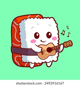 Sushi Salmon Playing Guitar Cartoon Vector Icon Illustration. Food Music Icon Concept Isolated Premium Vector. Flat Cartoon Style