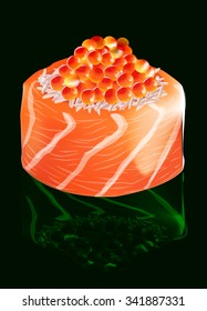 Sushi with salmon and red caviar on a black background, with emerald reflection, vector illustration