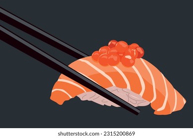 Sushi with salmon and rice in chopsticks on dark background