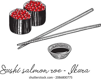 Sushi salmon roe with soya sauce. Sketchy hand-drawn vector illustration.