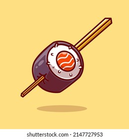 Sushi Salmon Roll With Chopstick Cartoon Vector Icon Illustration. Food Object Icon Concept Isolated Premium Vector. Flat Cartoon Style