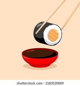Sushi salmon roll with soy sauce vector illustration