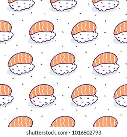 Sushi salmon seamless vector pattern. Japanese food cartoon background.